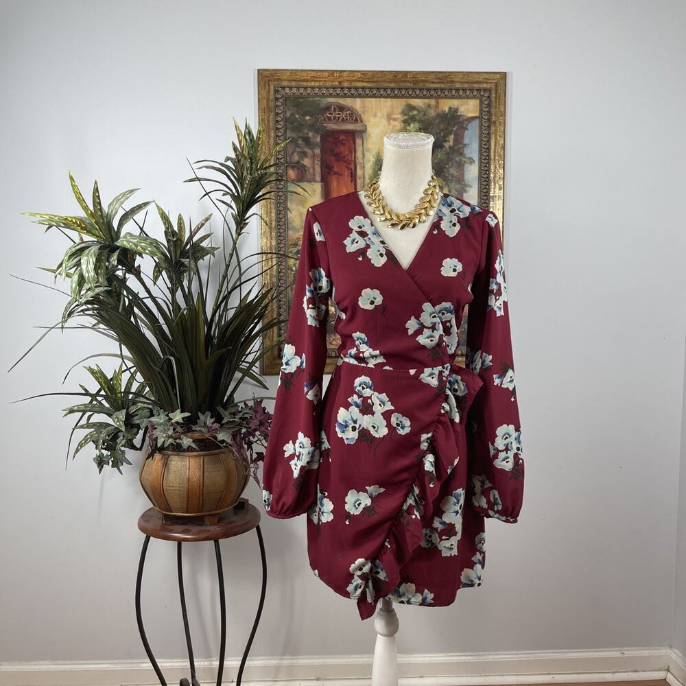 Lulus XS Burgundy Floral Wrap Dress Long‎ Sleeve Ruffle Mini Cocktail Party Boho